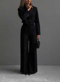 Классический однотонный костюм (пиджак+брюки) вечерний женский черного цвета фото — Beauty&Fashion