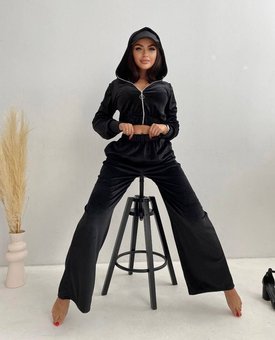 Велюровый однотонный спортивный костюм (кофта+брюки) женский черного цвета фото — Beauty&Fashion