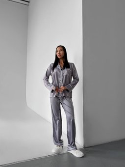 Шовкова однотонна піжама матова жіноча сірого кольору фото — Beauty&Fashion
