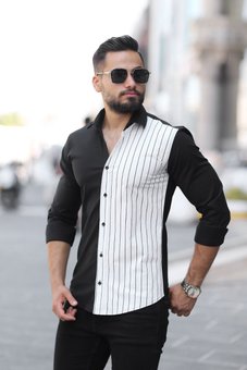 Чоловіча стильна приталена сорочка (Чорно-білий) фото — Beauty&Fashion