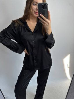 Шовковий шикарний домашній костюм (сорочка+штани) жіночий чорного кольору фото — Beauty&Fashion
