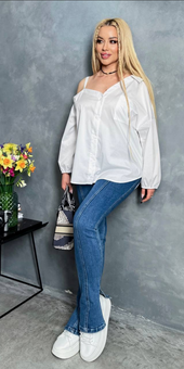 Однотонная свободная рубашка на одно плечо женская котоновая белого цвета фото — Beauty&Fashion