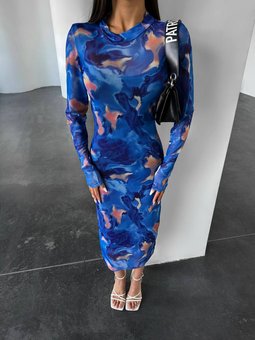 Подовження стильна сукня-сітка з рукавами жіноча синього кольору фото — Beauty&Fashion
