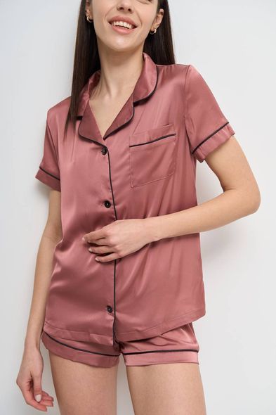 Женская однотонная шелковая пижама двойка (рубашка с коротким рукавом+шорты) (Сливовой) фото — Beauty&Fashion