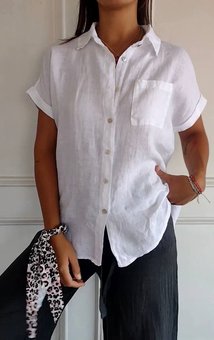 Легка літня однотонна сорочка з льону жіноча білого кольору фото — Beauty&Fashion