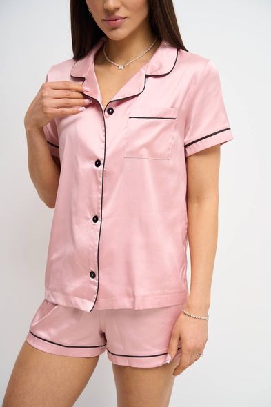 Жіноча однотонна шовкова піжама двійка (сорочка з коротким рукавом+шорти) (Пудровий) фото — Beauty&Fashion