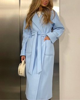 Женское кашемировое однотонное пальто с накладными карманами и поясом (Голубой) фото — Beauty&Fashion
