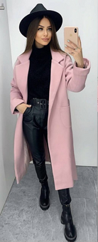 Женское кашемировое однотонное пальто с накладными карманами и поясом (Пудровый) фото — Beauty&Fashion